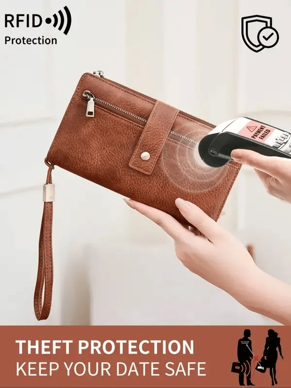 👛Women's long wallet, stylish clutch, elegant solid color RFID blocking leather wallet
