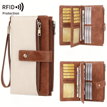 👛Women's long wallet, stylish clutch, elegant solid color RFID blocking leather wallet